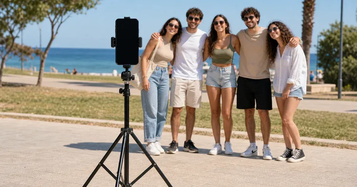 חצובה לטלפון לצילום קבוצתי בחוץ עם סמארטפון על חצובה גבוהה