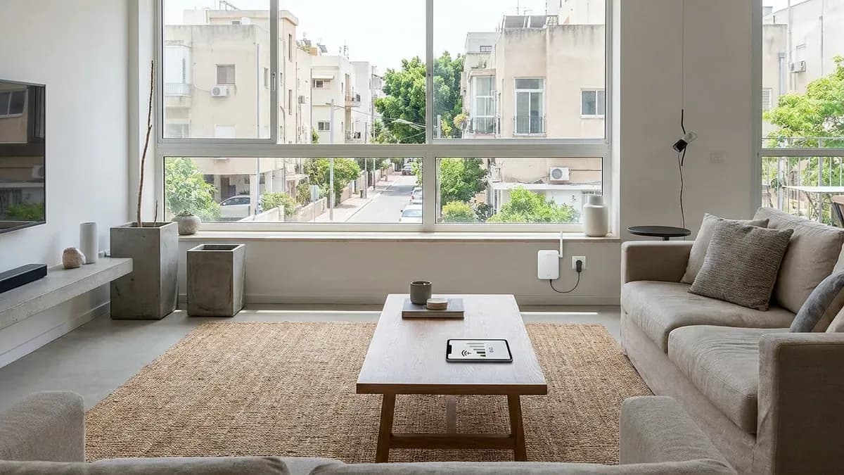 מגבר קליטה בבית עם סלון ישראלי מודרני וטלפון קליטה חלשה