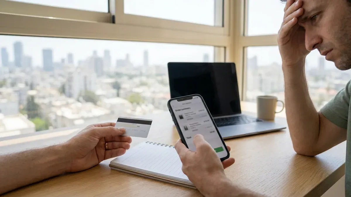 חיוב כפול - כרטיס אשראי ומסך הזמנה על שולחן