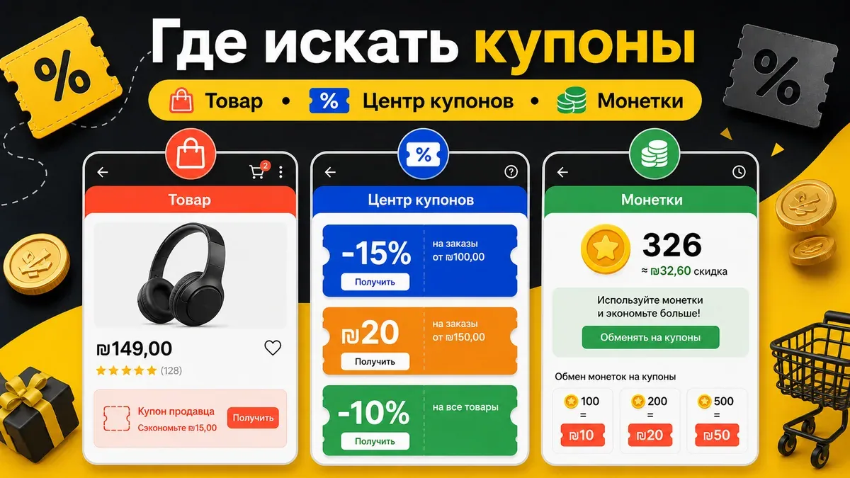 Где искать купоны AliExpress - товар, центр купонов и монетки