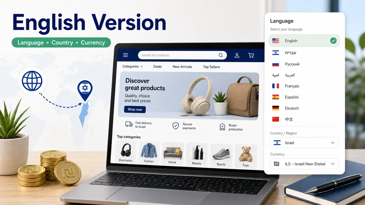 AliExpress English version for shoppers in Israel - language country and currency settings