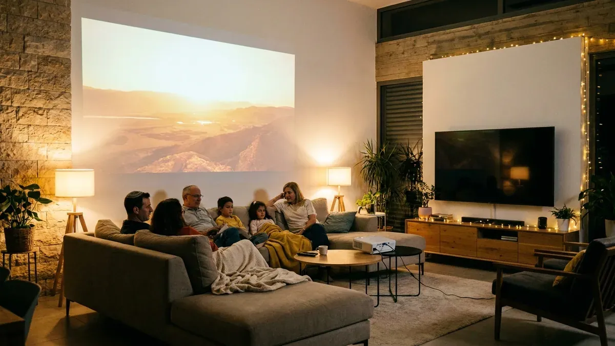 מקרן ביתי מול טלוויזיה בסלון מודרני עם תמונת קולנוע גדולה על קיר