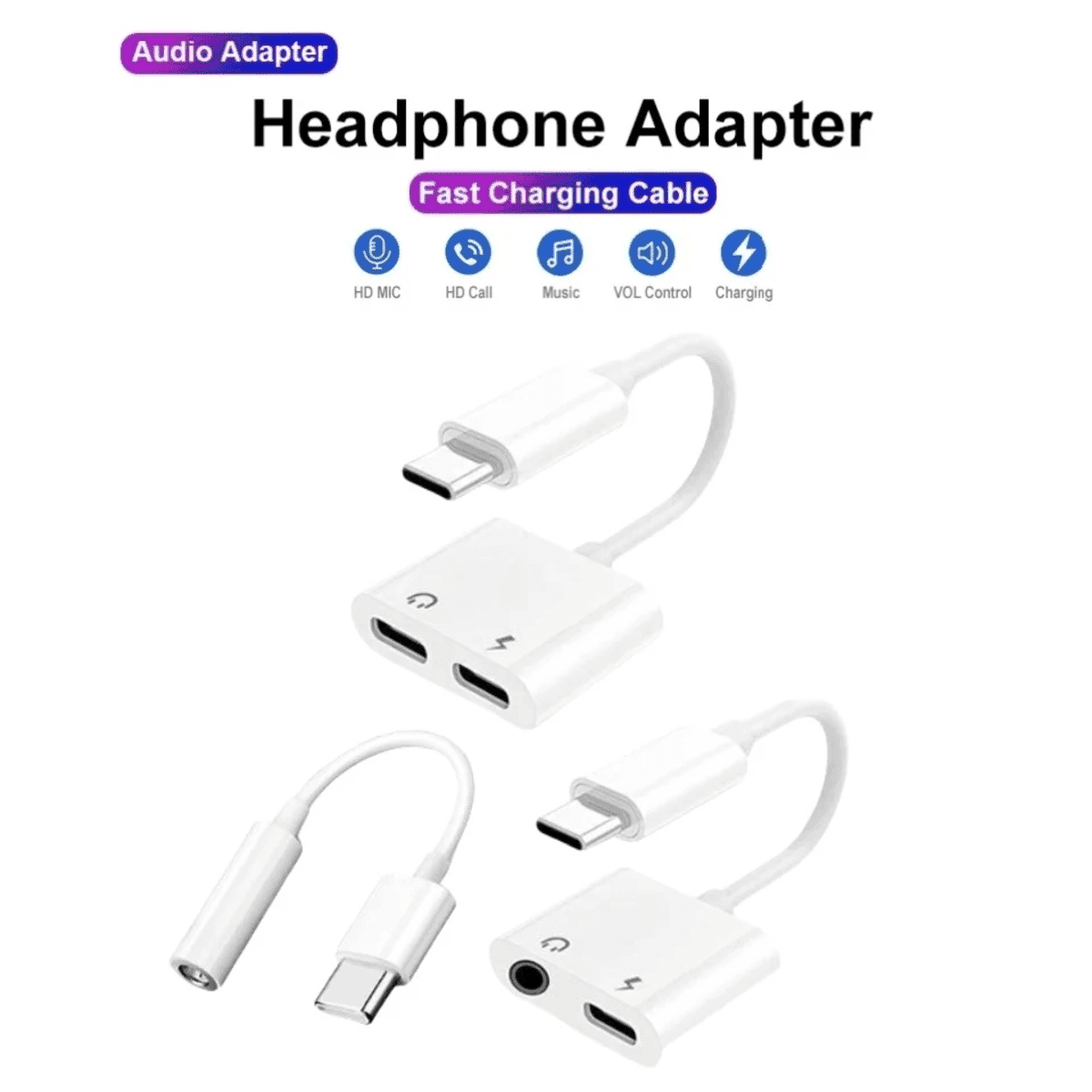 מתאם USB Type-C ל-3.5 מ"מ לאוזניות עם טעינה מהירה למכשירי iPhone, Samsung, Xiaomi