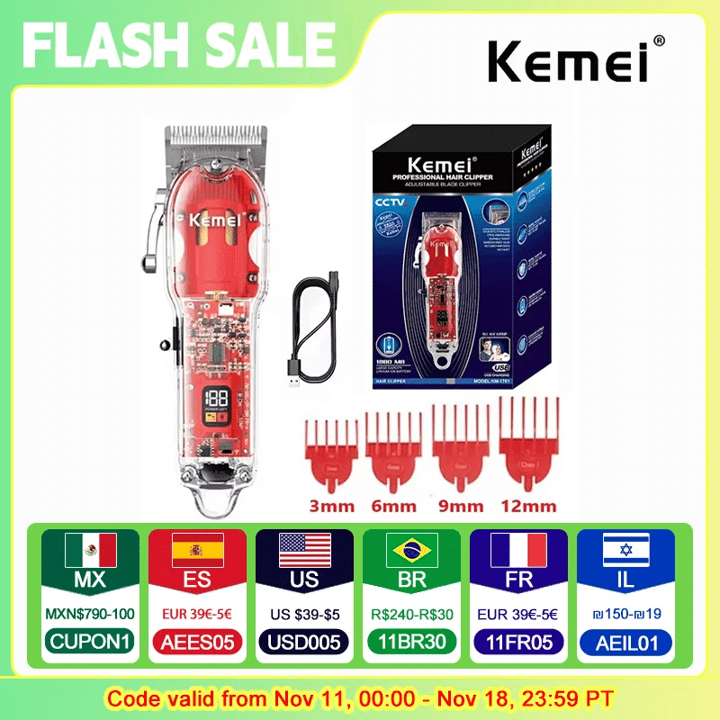 מכונת גילוח מקצועית נטענת Kemei עם מעטפת שקופה