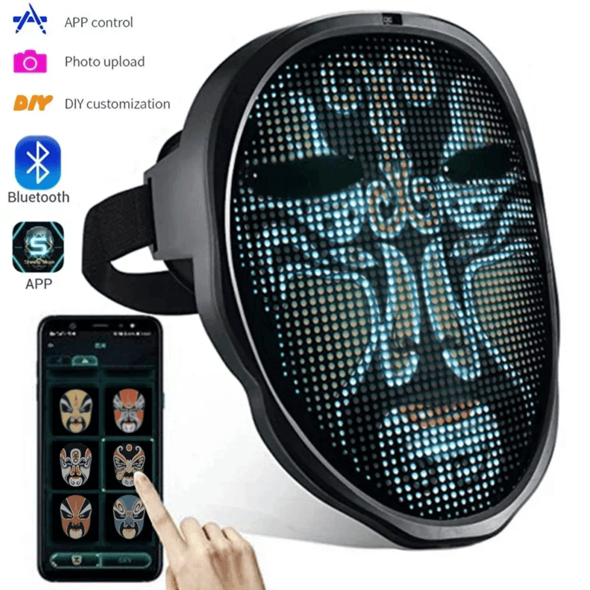מסכת פנים חכמה עם תאורת LED לתכנות ושליטה באפליקציית Bluetooth