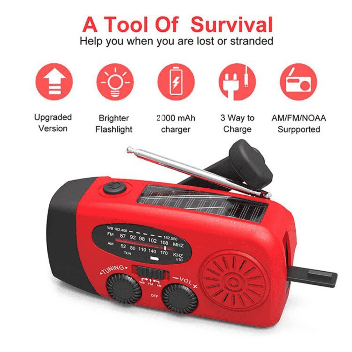 רדיו חירום עם מחולל ידני ורב-תכליתי 2000mAh