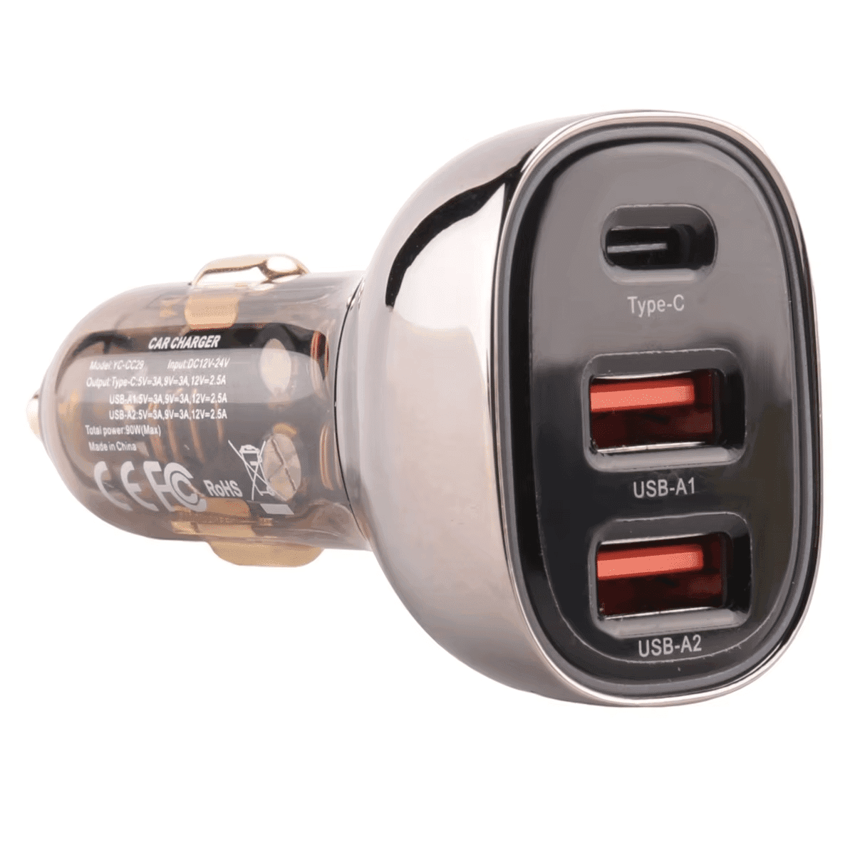 מטען רכב שקוף QC 3.0 עם 3 יציאות USB ואורות הדרגתיים