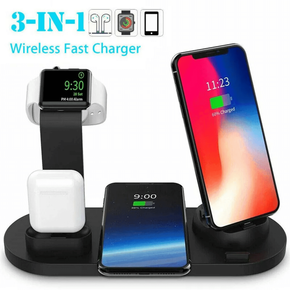 מטען אלחוטי 3 ב-1 PYMH – תחנת טעינה מהירה לאייפון, Apple Watch ו-AirPods