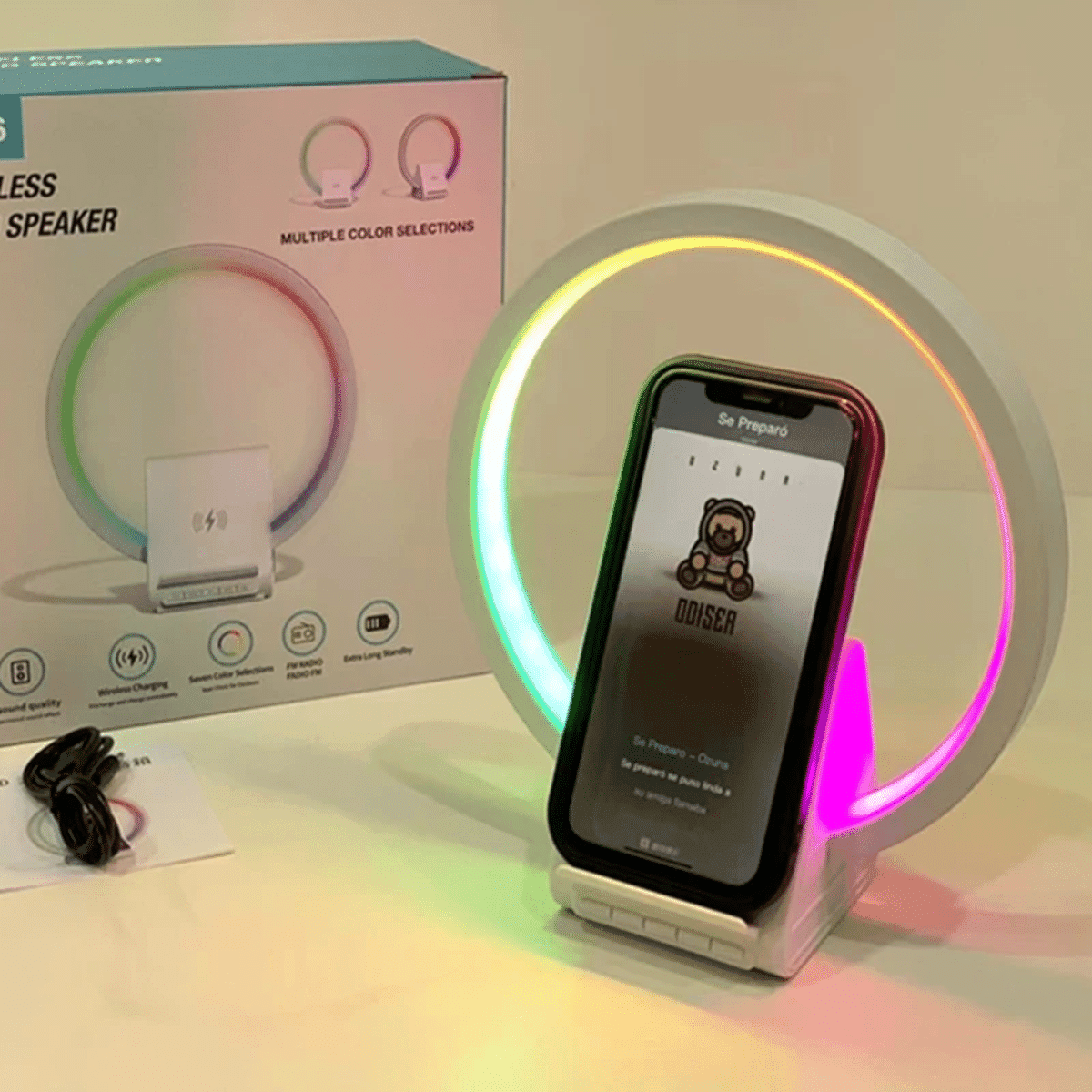 מטען אלחוטי מהיר 15W עם רמקול Bluetooth – תאורת RGB ומנורת לילה