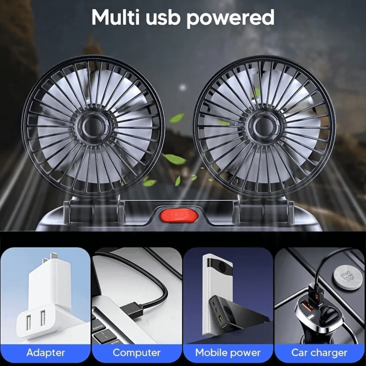 מאוורר רכב כפול מתכוונן עם USB
