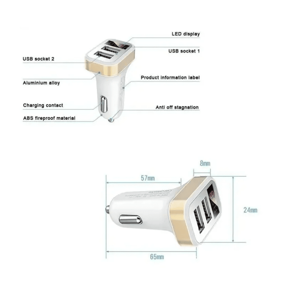 מטען רכב USB פאנל אלומיניום 3 יציאות 3.1A